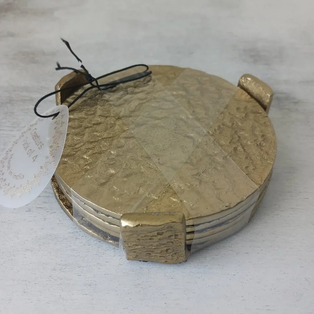 Gold Textured Hammered Metal Round Coaster Set of 4 on Standard India D 3.75
